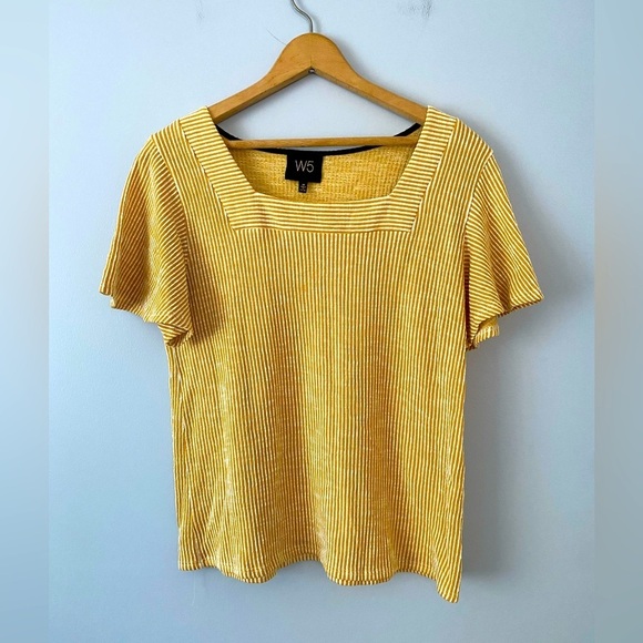 W5 Blouse Women’s Medium M Yellow White Striped Short Sleeve Square Neck Stretch - Picture 1 of 6